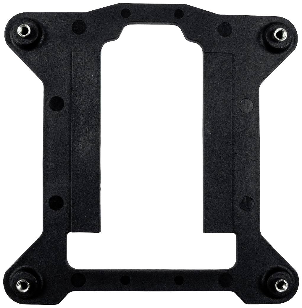 Eine rechteckige, schwarze Halterung aus Kunststoff mit vier Metallbefestigungen in den Ecken, möglicherweise für einen Computerprozessor.