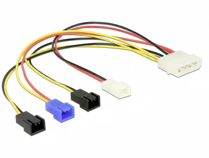 Stromkabeladapter mit einem weißen 4-Pin-Stecker und drei schwarzen, sowie einem blauen Anschluss. Verwendet im PC-Bau.