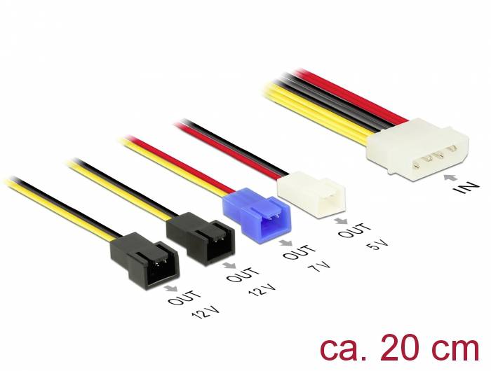 INVOLT Kabeladapter für Lüfter: Mehrere Ausgänge (12V, 7V, 5V) und ca. 20 cm Länge für Spannungsumwandlung und Stromanschluss.