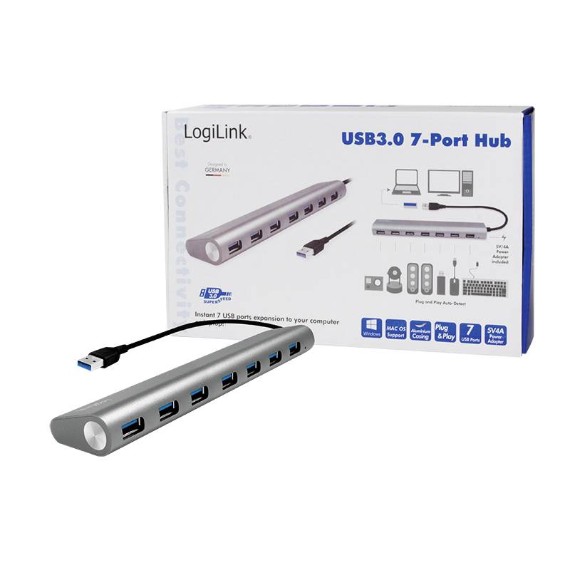 Eine silberne USB 3.0 7-Port-Hub von LogiLink mit Verpackung. Die Verpackung zeigt Geräte, die mit dem Hub verbunden sind.