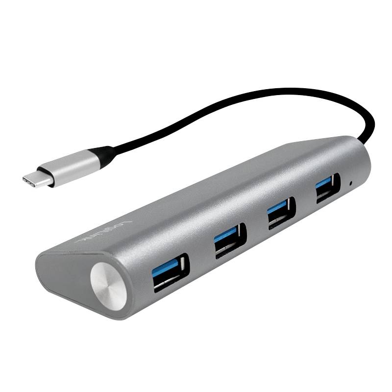 USB-C Hub mit vier USB 3.0-Anschlüssen und einem integrierten USB-C-Kabel. Er ist silberfarben und für den Anschluss mehrerer Geräte gedacht.