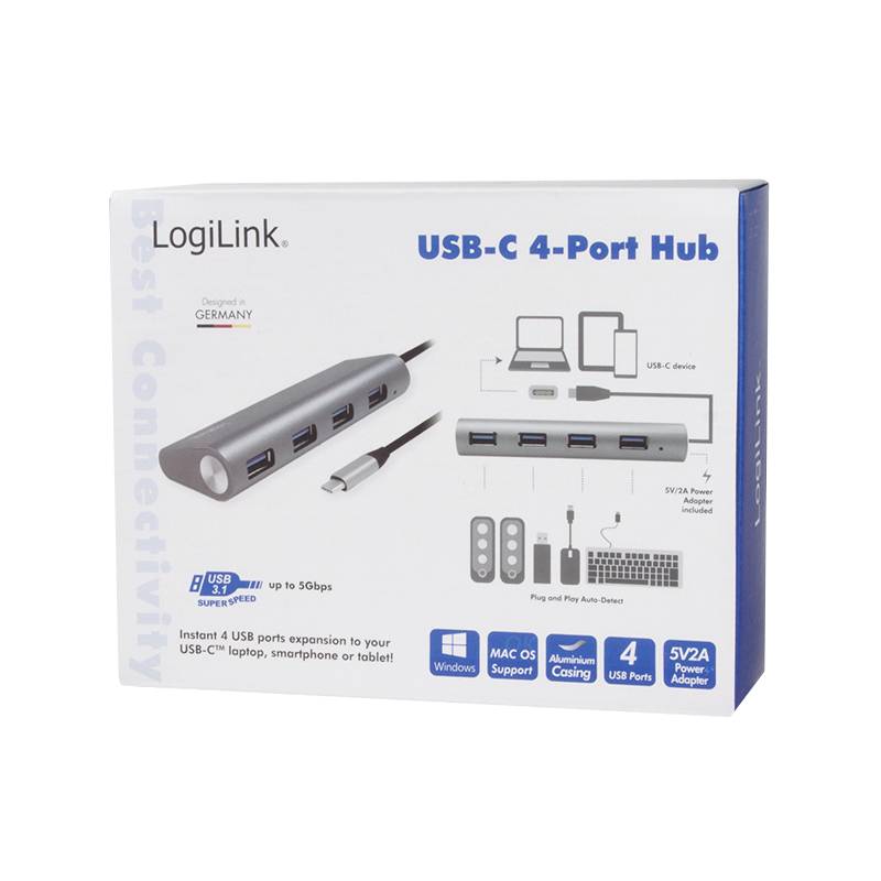 'LogiLink USB-C 4-Port Hub' Produktverpackung zeigt den Hub mit 4 USB-Anschlüssen, Kompatibilität mit Windows und Mac OS, 5V/2A Stromversorgung.