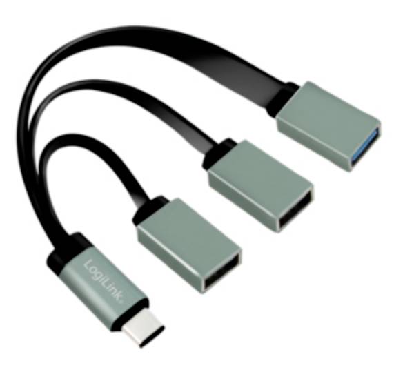 Drei schwarze Adapterkabel mit USB-C-Anschluss, die in drei USB-A-Buchsen enden. Geeignet für die Verbindung älterer USB-Geräte.