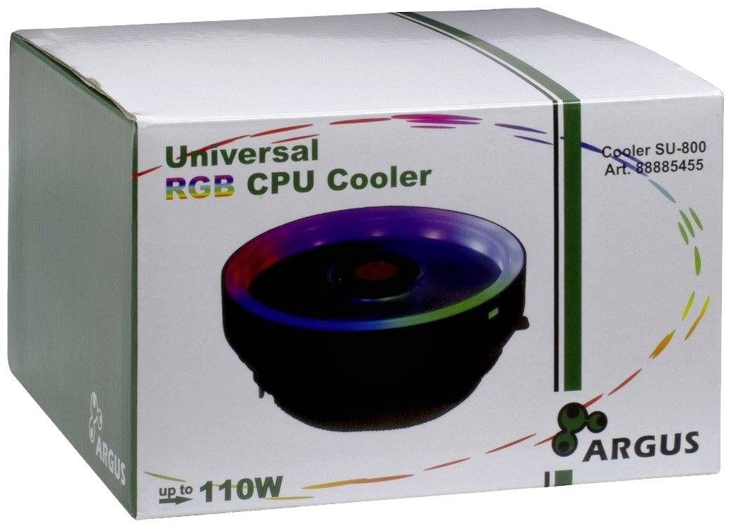 Verpackung eines 'Universal RGB CPU Coolers' von Argus, Modell SU-800, Art.-Nr. 88885455, bis zu 110 W Leistung, mit Regenbogenfarben.