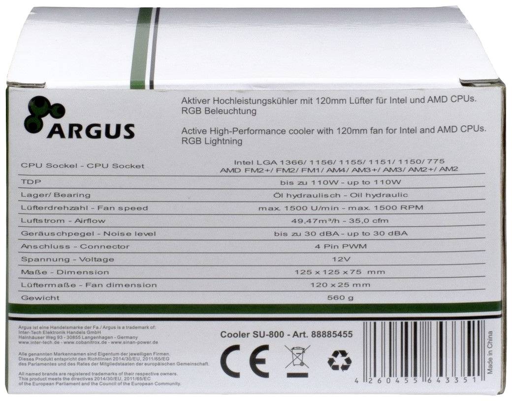 Rückseite der Verpackung eines Argus CPU-Kühlers. Informationen über Sockelkompatibilität, TDP, Lüftergröße, Luftstrom, Spannung und Gewicht.