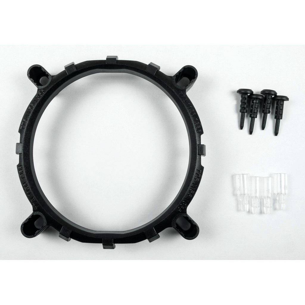 Kunststoff-Halterungskit mit vier Schrauben und durchsichtigen Abstandshaltern, vermutlich für die Montage von Computerteilen.