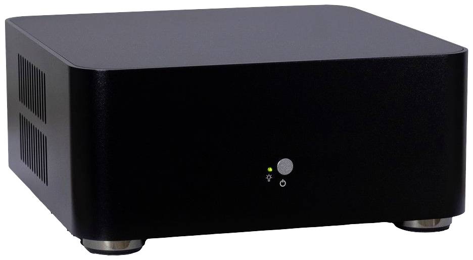 Ein schwarzes Gehäuse eines elektronischen Geräts mit glatten Kanten ist abgebildet. Es steht auf silbernen Füßen und hat ein kleines Einschaltlicht vorne.