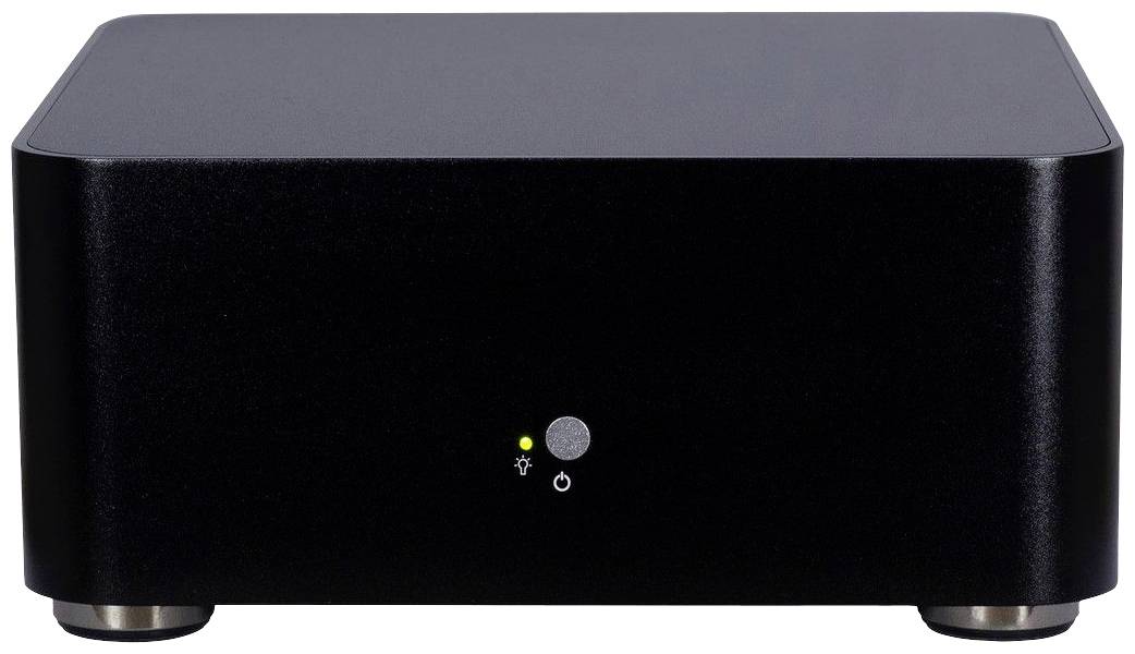 Ein schwarzes, rechteckiges elektronisches Gerät mit einem Einschaltknopf und einer leuchtenden LED-Anzeige vorne.