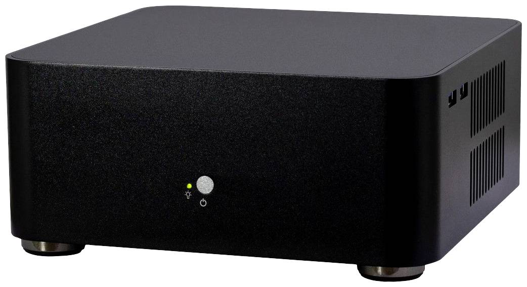 Schwarzes, rechteckiges Computergehäuse mit Lüftungsschlitzen an der Seite. Eine kreisförmige LED-Anzeige leuchtet an der Vorderseite.