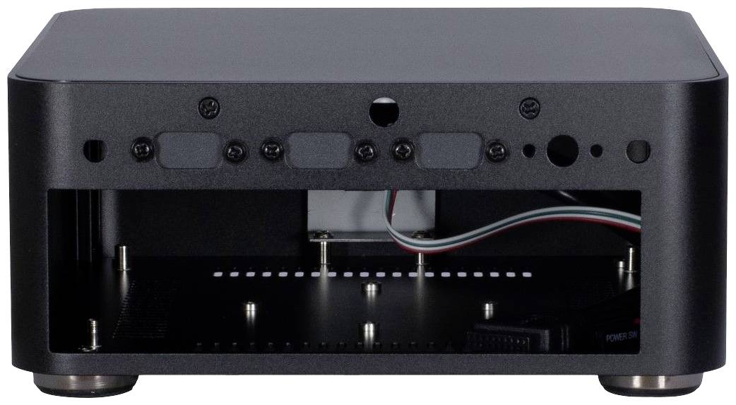 Ein schwarzes, rechteckiges Gehäuse für Elektronik mit offenem Vorderteil, Drahtanschlüssen und Befestigungsschrauben sichtbar.