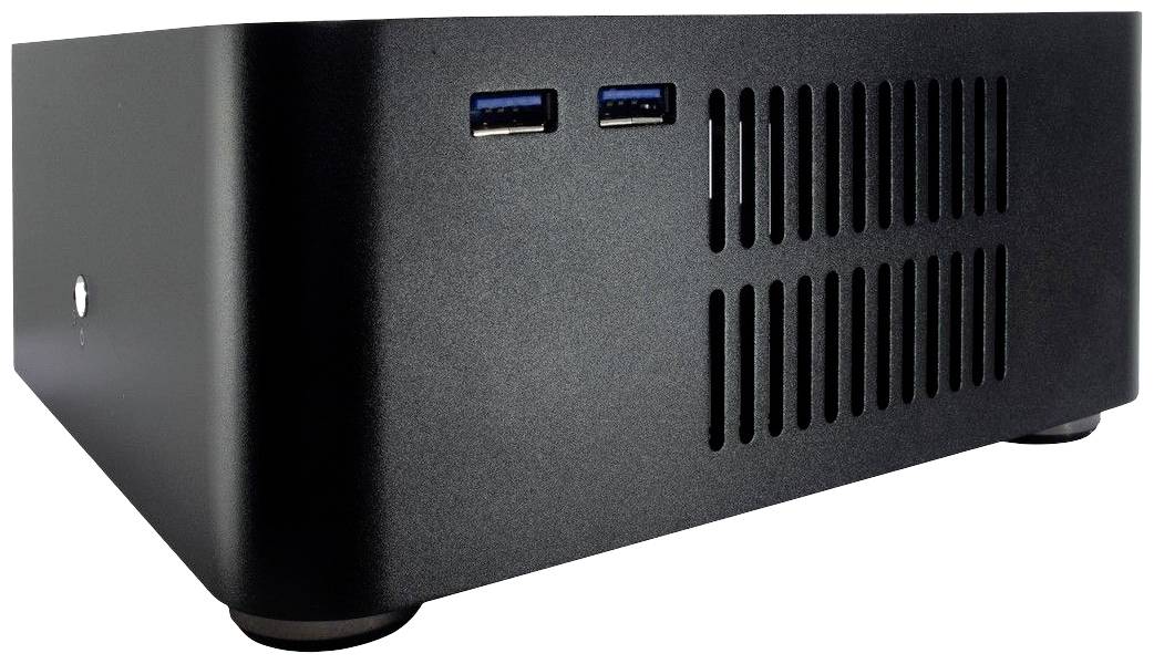 Ein schwarzer, kompakter Computer mit zwei USB-Anschlüssen an der Vorderseite und einer Lüftungsschlitze. Ideal für platzsparende Anwendungen.