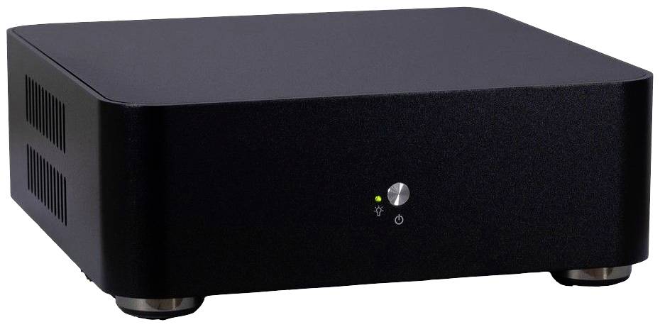 Schwarzes, rechteckiges elektronisches Gerät mit einem Power-Knopf und LED-Anzeige auf der Vorderseite. Wahrscheinlich ein Verstärker oder Computergehäuse.