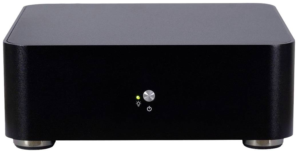 Schwarzes, rechteckiges elektronisches Gerät mit einer Leuchte und einem Netzschalter auf der Vorderseite, auf silbernen Füßen stehend.