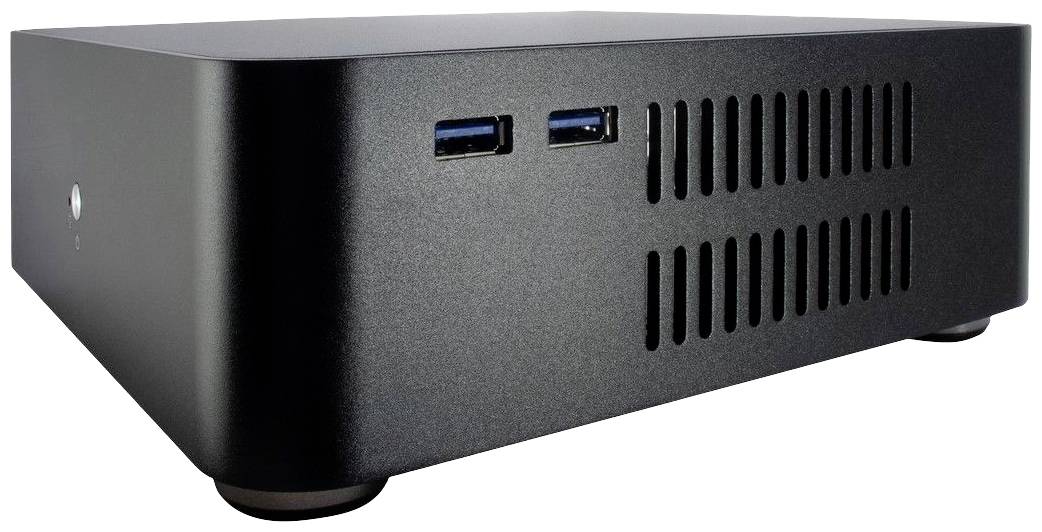 Ein kompakter, schwarzer Computer auf einem Tisch, mit zwei USB-Anschlüssen vorne und Lüftungsschlitzen seitlich.