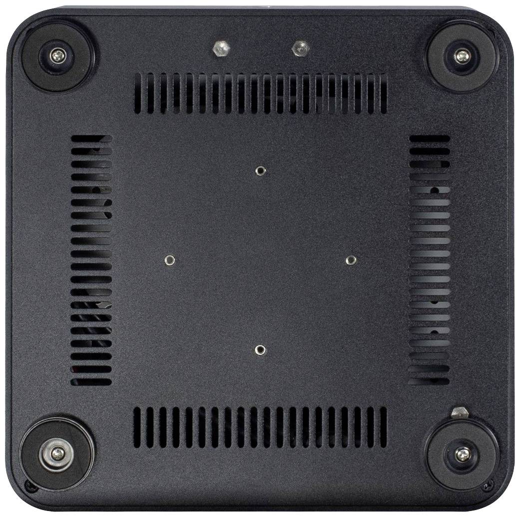 Die Unterseite eines schwarzen elektronischen Geräts mit vier kleinen Standfüßen und Lüftungsschlitzen.