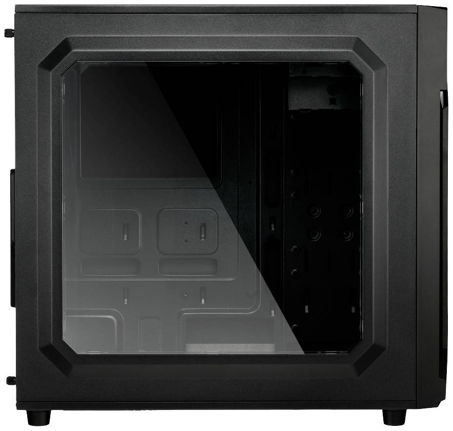 Ein schwarzes Computergehäuse mit durchsichtiger Seitenwand, die das leere Innere zeigt. Ideal für PC-Komponenten mit Sichtfenster.