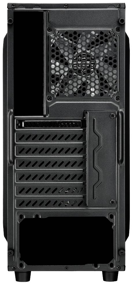 Schwarzes Computergehäuse von hinten mit Lüftungsschlitzen, Erweiterungsslots und Netzteilöffnung unten.