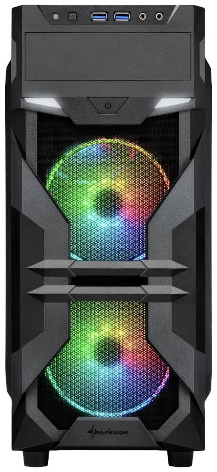 Schwarzes PC-Gehäuse mit LED-beleuchteten Lüftern in Regenbogenfarben an der Vorderseite.