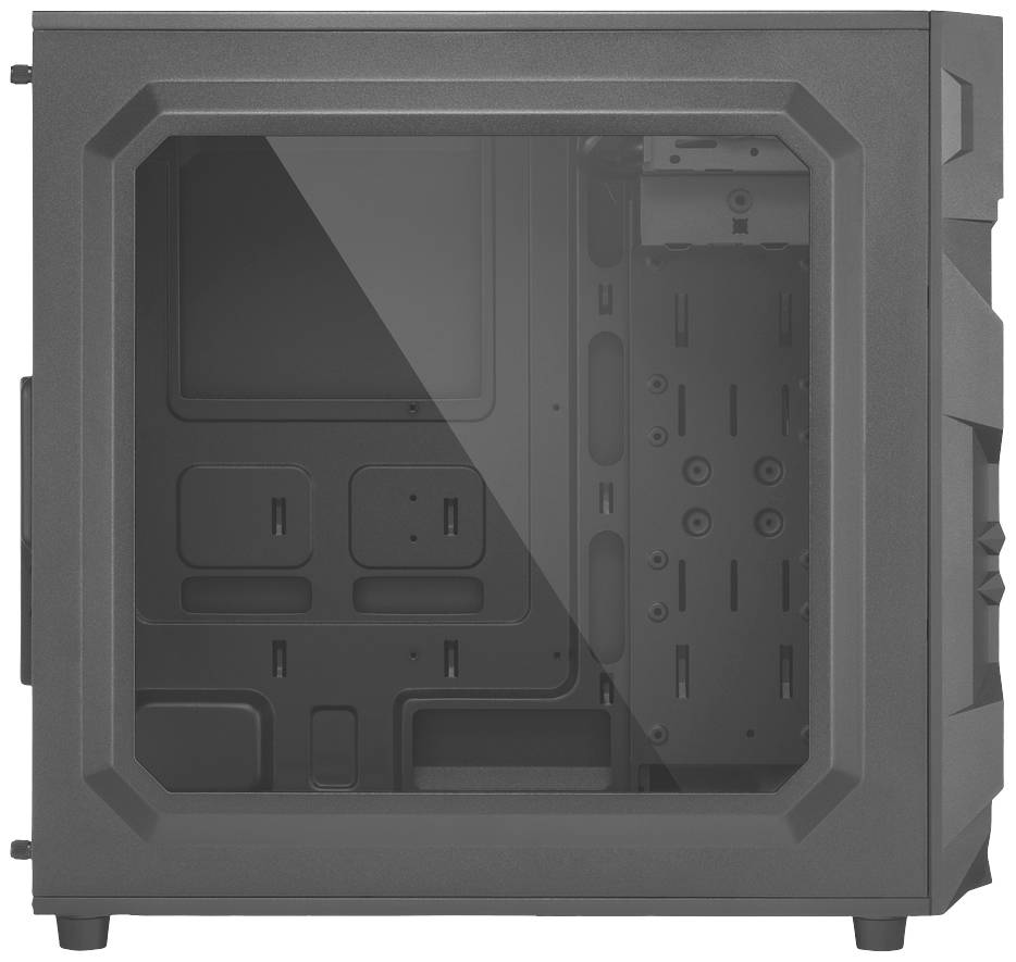 Computertower-Gehäuse mit seitlichem Sichtfenster; keine Hardware-Komponenten installiert, zeigt leeren internen Rahmen und Halterungen.