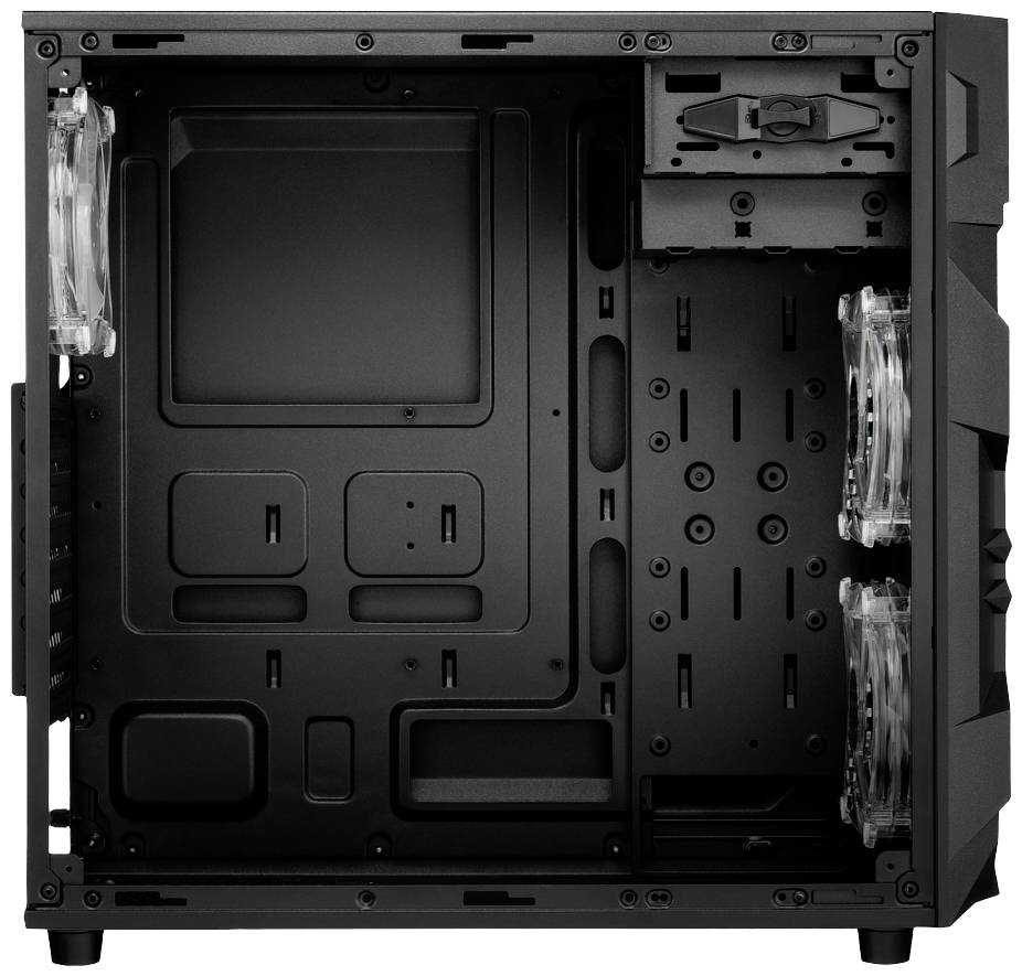 Schwarzes Computergehäuse mit offenem Seitenteil, zeigt leeren Innenraum mit Halterungen für Hardware-Komponenten und Lüfter.