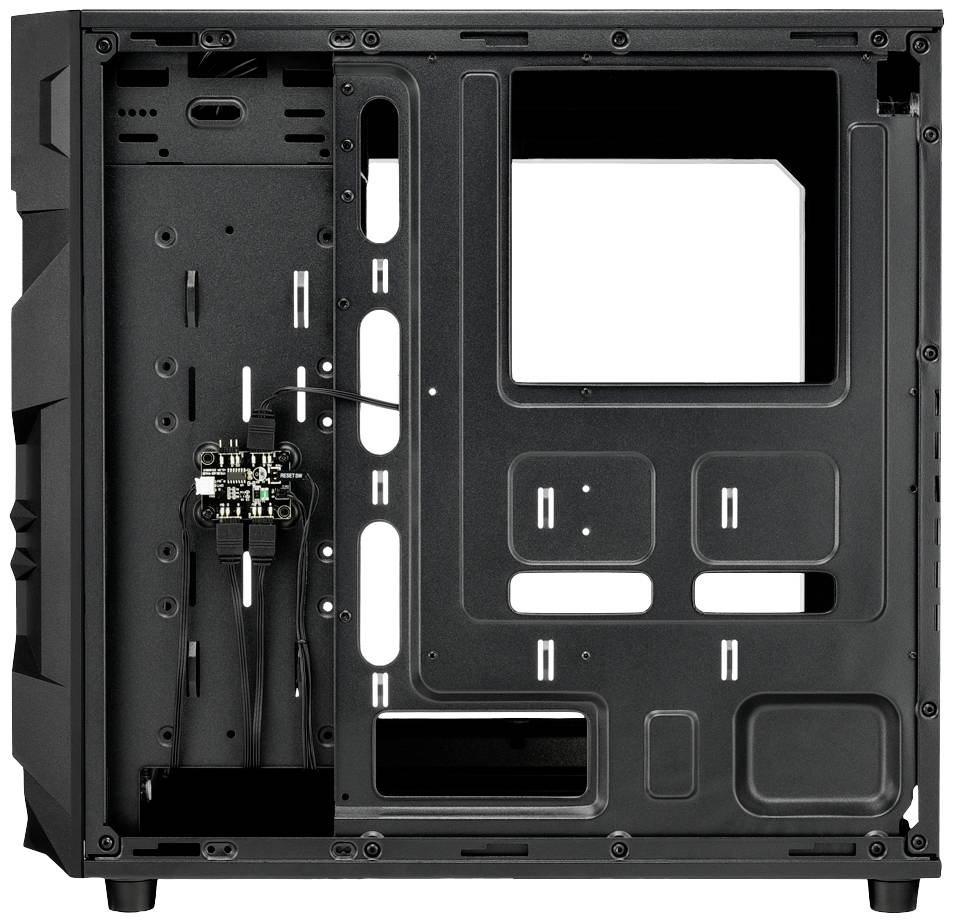 Ein leerer, offener Computergehäuse, schwarz, mit sichtbarer Rückwand. Kabelmanagementöffnungen und Mainboard-Halterungen vorhanden.