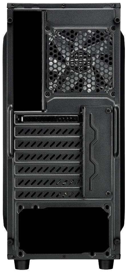 Der Rücken eines schwarzen Computergehäuses mit mehreren Lüftungsschlitzen und einem eingebauten Lüfter oben links.