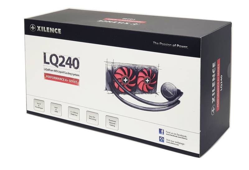 Verpackung einer Xilence LQ240 Wasserkühlung für Computer, zeigt das Produkt mit zwei Lüftern und Schläuchen.
