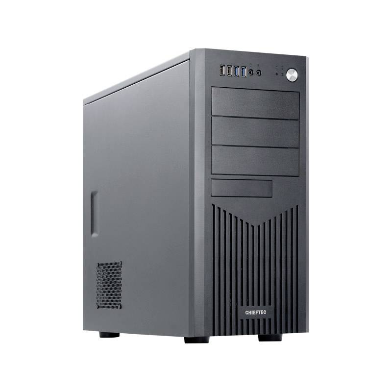 Ein schwarzes PC-Gehäuse mit mehreren vorderen USB-Anschlüssen und Lüftungsschlitzen vorne. Ideal als Desktop-PC-Gehäuse.