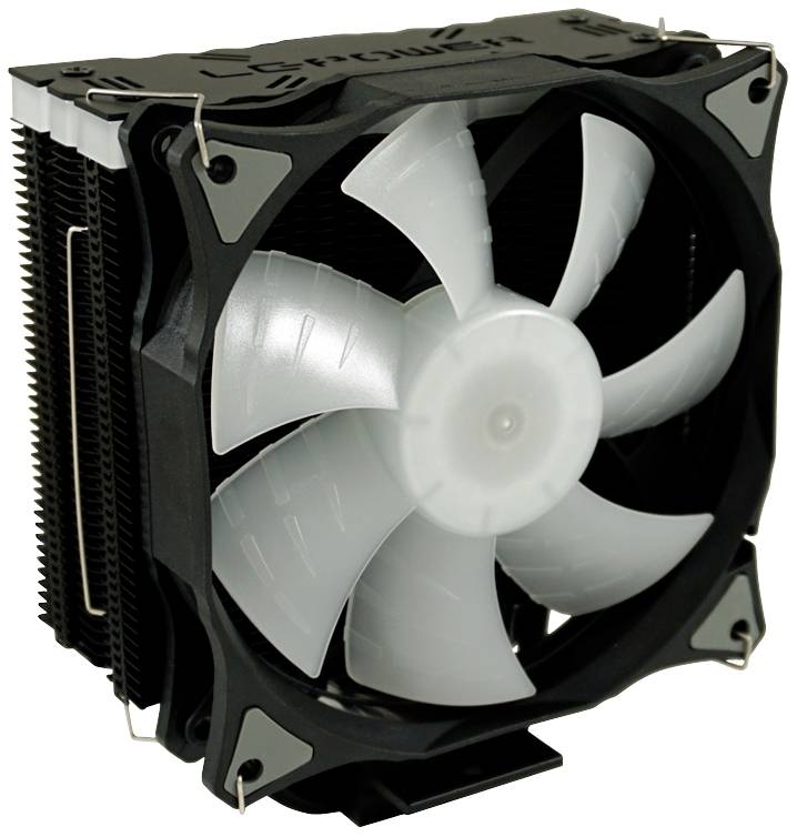 Schwarzer CPU-Kühler mit großen Lüftern und Kühlrippen zur Belüftung von Computern, typischerweise in einem PC-Gehäuse installiert.