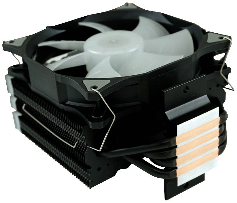 Ein schwarzer Computerprozessor-Kühler mit großen Lüfterflügeln und Kupfer-Hitzeleitrohren, die über einen Kühlkörper führen.
