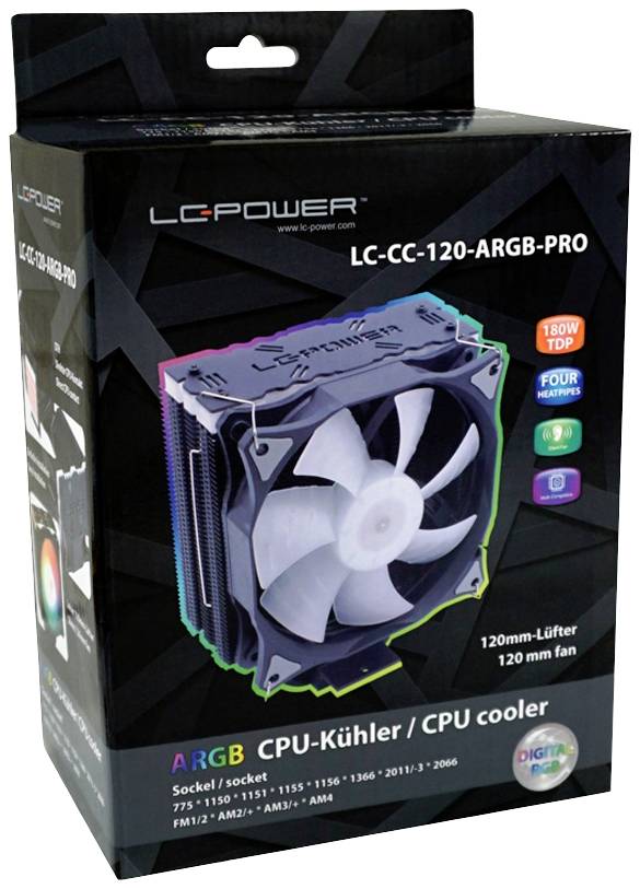 Eine Verpackung für einen LC Power ARGB CPU-Kühler mit einem 120-mm-Lüfter, geeignet für verschiedene Prozessorsockel.