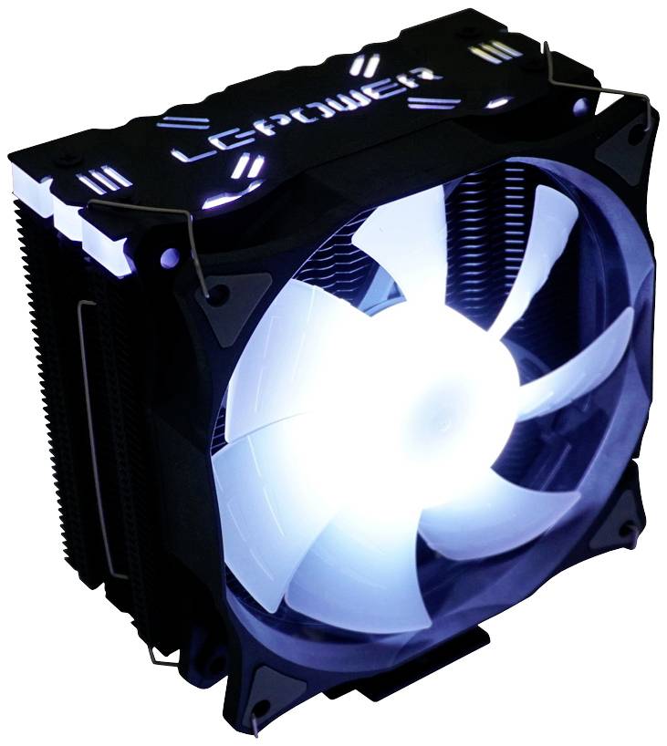 Luftkühler mit großem, leuchtendem Ventilator und Kühlrippen, gekennzeichnet mit 'LEPOWER' auf der Oberseite.