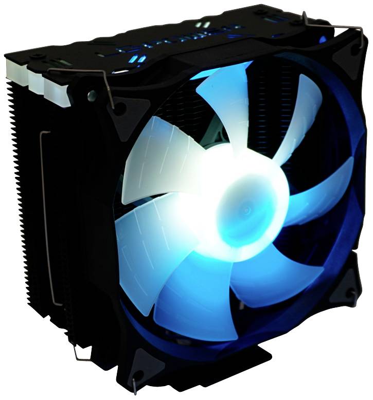 Schwarzer Computerlüfter mit blauer LED-Beleuchtung, montiert in einem schwarzen Rahmen, geeignet für PC-Kühlung.