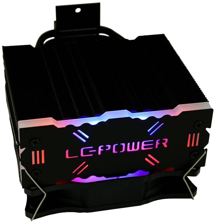 Schwarzer Kühlkörper mit RGB-Beleuchtung und Aufschrift 'LC-Power', dient zur Kühlung elektronischer Bauteile wie Prozessoren.