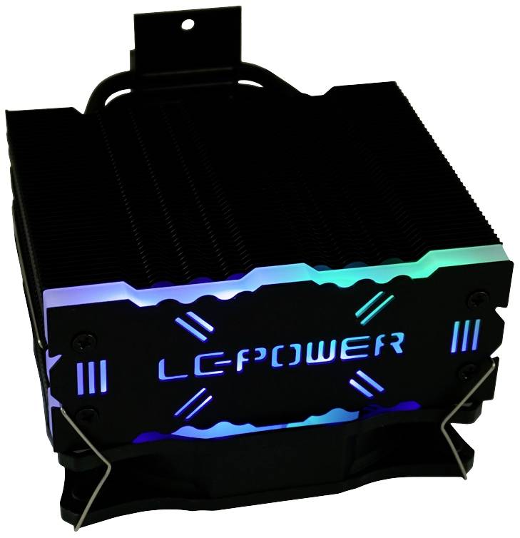 Ein schwarzer Computer-Kühler mit blau-grüner LED-Beleuchtung, auf dem 'LC-Power' steht. Geeignet für Desktop-PCs zur Wärmeabführung.