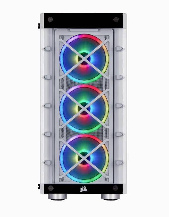 Computerturm mit durchsichtigem Gehäuse, das drei farbige RGB-Lüfter zeigt. Lüfter sind zentral angeordnet.