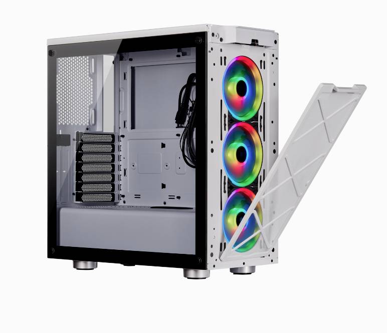 Ein offenes, weißes Computergehäuse mit drei leuchtenden Lüftern in Regenbogenfarben an der Vorderseite und durchsichtigem Seitenteil.