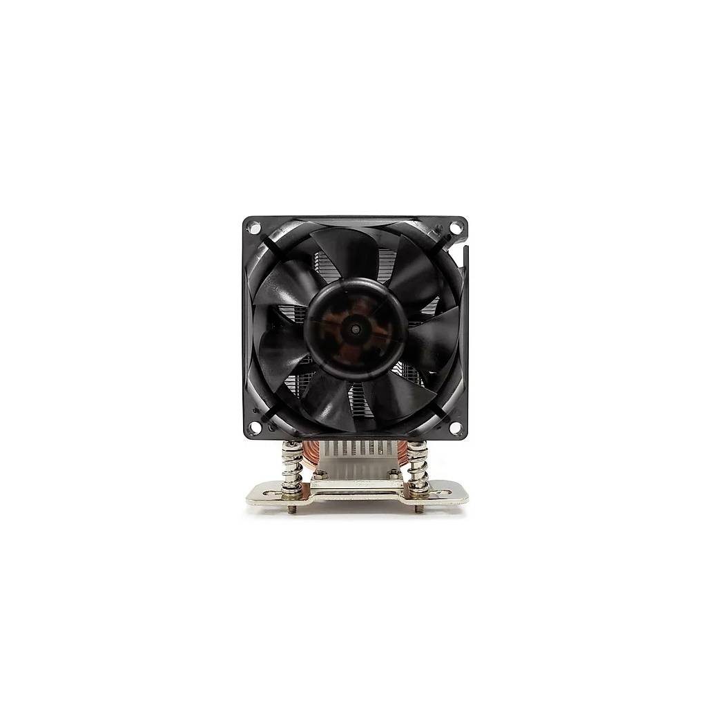 Ein schwarzer Computerlüfter auf einem weißen Hintergrund, frontal abgebildet. Der Lüfter ist quadratisch und hat vier Schrauben zur Befestigung.