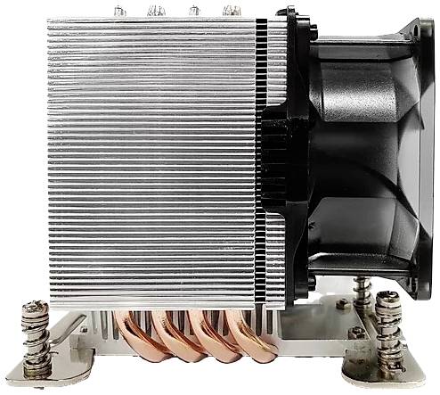 Ein CPU-Kühler mit einem Aluminiumkühlkörper und vier Kupfer-Heatpipes. Seitliche Ansicht zeigt den Lüfter rechts montiert.