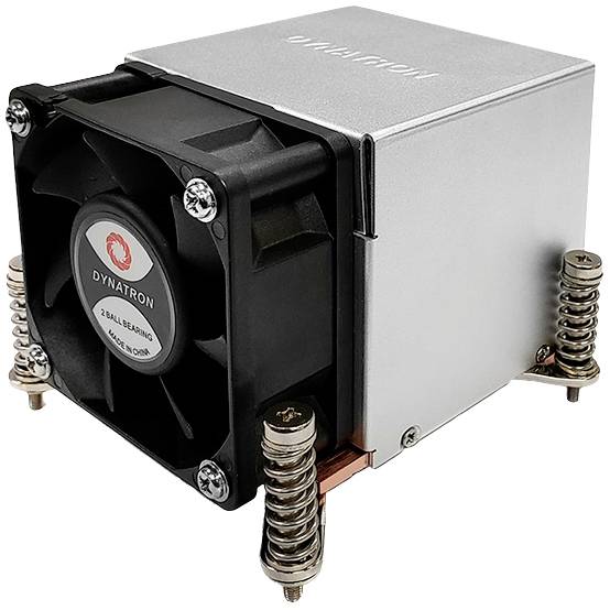 Ein quadratischer CPU-Kühler mit schwarzem Lüfter und silbernem Kühlkörper. Marke 'Dynatron' und die Beschriftung '2 BALL BEARING' sind sichtbar.