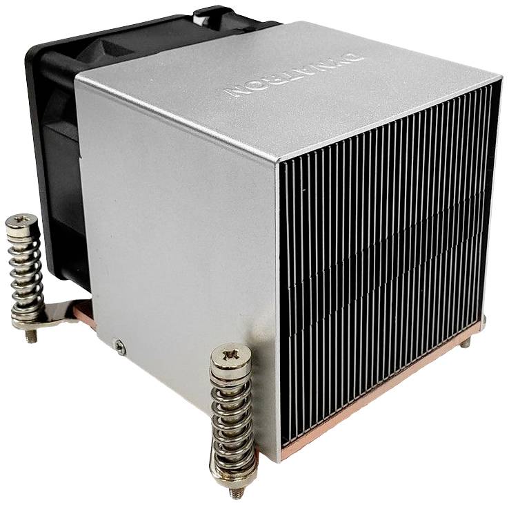 Silberner CPU-Kühler mit Lüfter und Wärmeableiter. Rechteckiges Design mit zwei Federschrauben zur Befestigung.