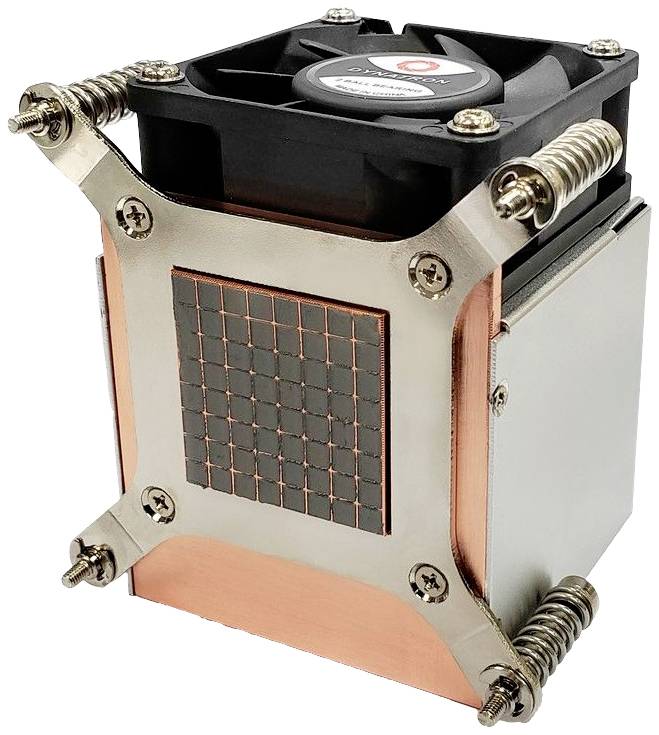 Metallischer CPU-Kühler mit Lüfter montiert, quadratischem Kühlkörper und Federschrauben für Befestigung.