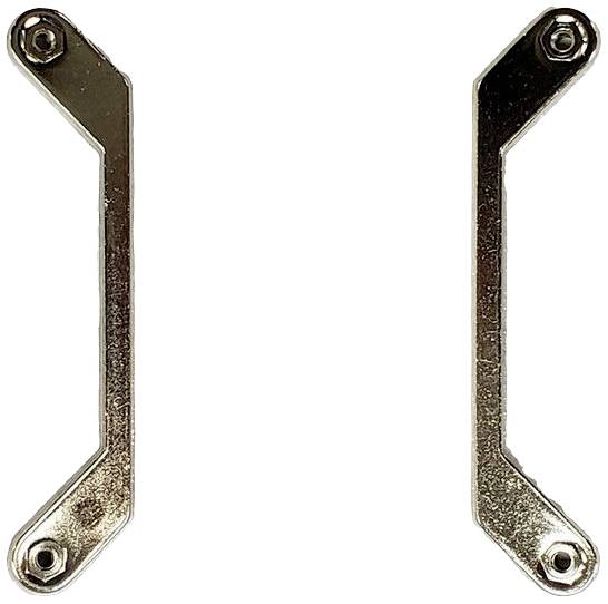 Zwei metallische, L-förmige Befestigungswinkel mit Löchern an den Enden, symmetrisch nebeneinander auf weißem Hintergrund dargestellt.