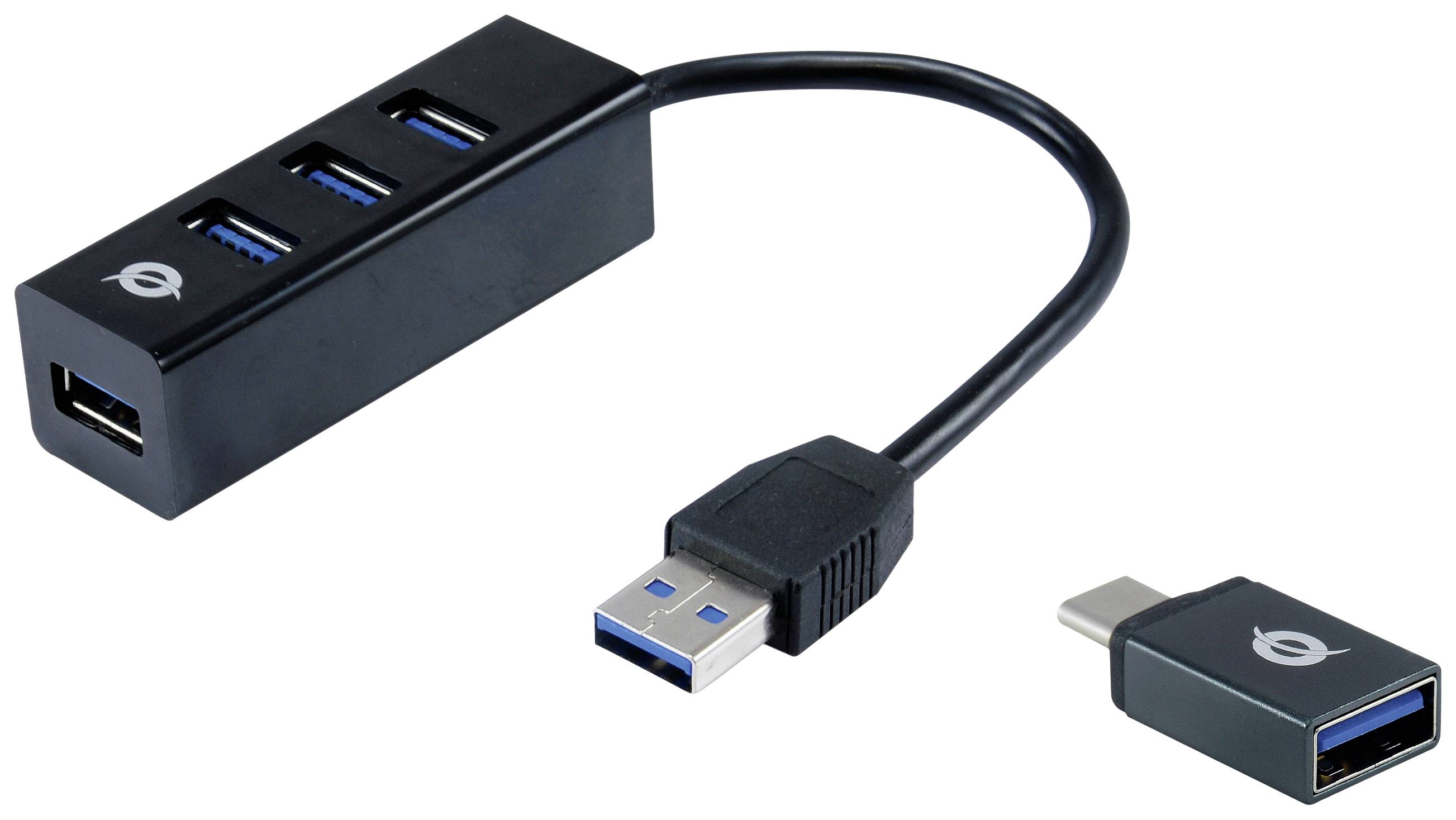 USB-Hub mit vier Anschlüssen. Inklusive USB-A-Stecker und USB-C-Adapter. Geeignet zum Verbinden mehrerer Geräte über einen Port.