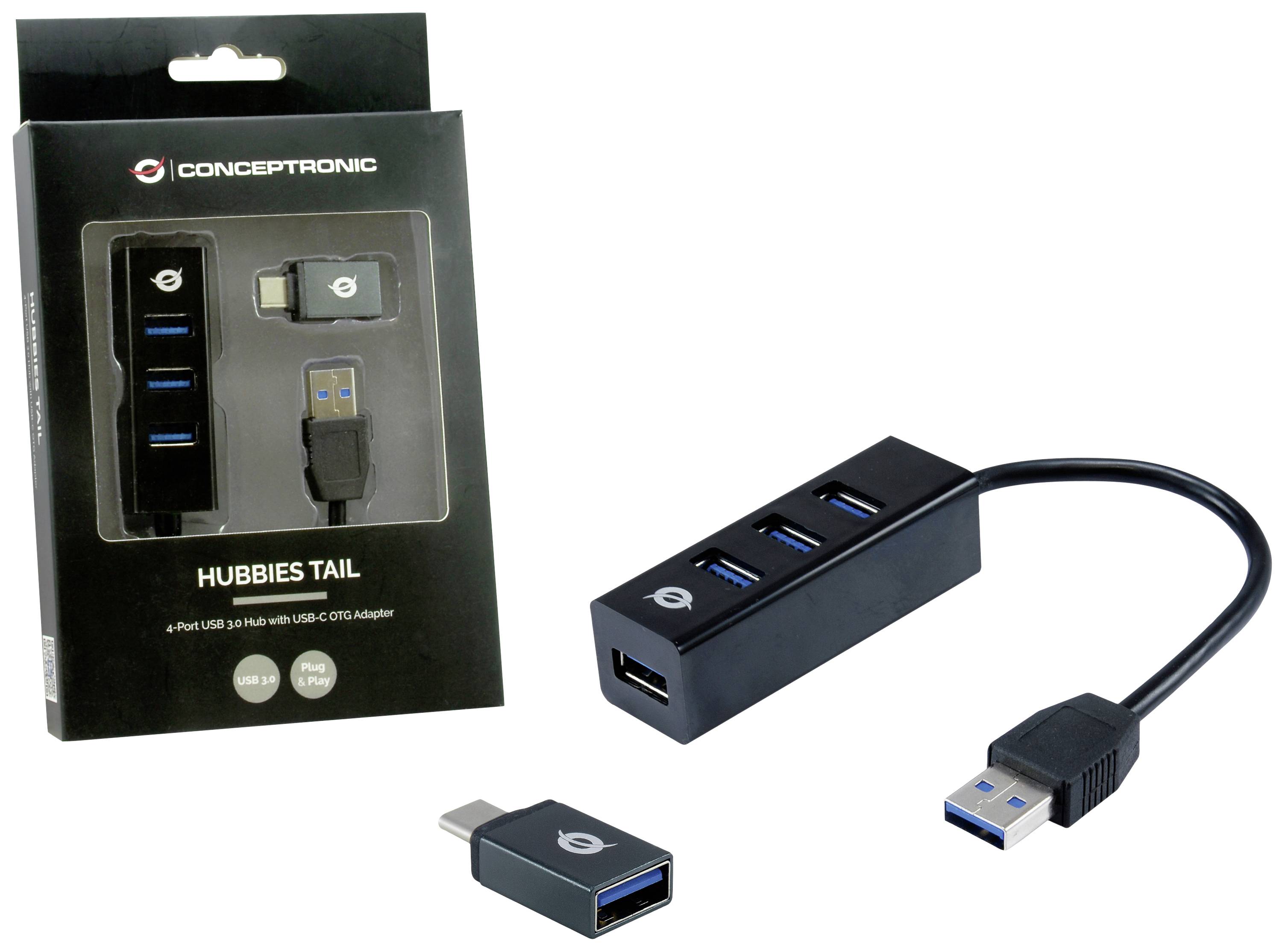 'CONCEPTRONIC 4-Port USB 3.0-Hub mit USB-C OTG-Adapter'. Abgebildet sind der Hub selbst und seine Verpackung, geeignet für USB-Geräte.