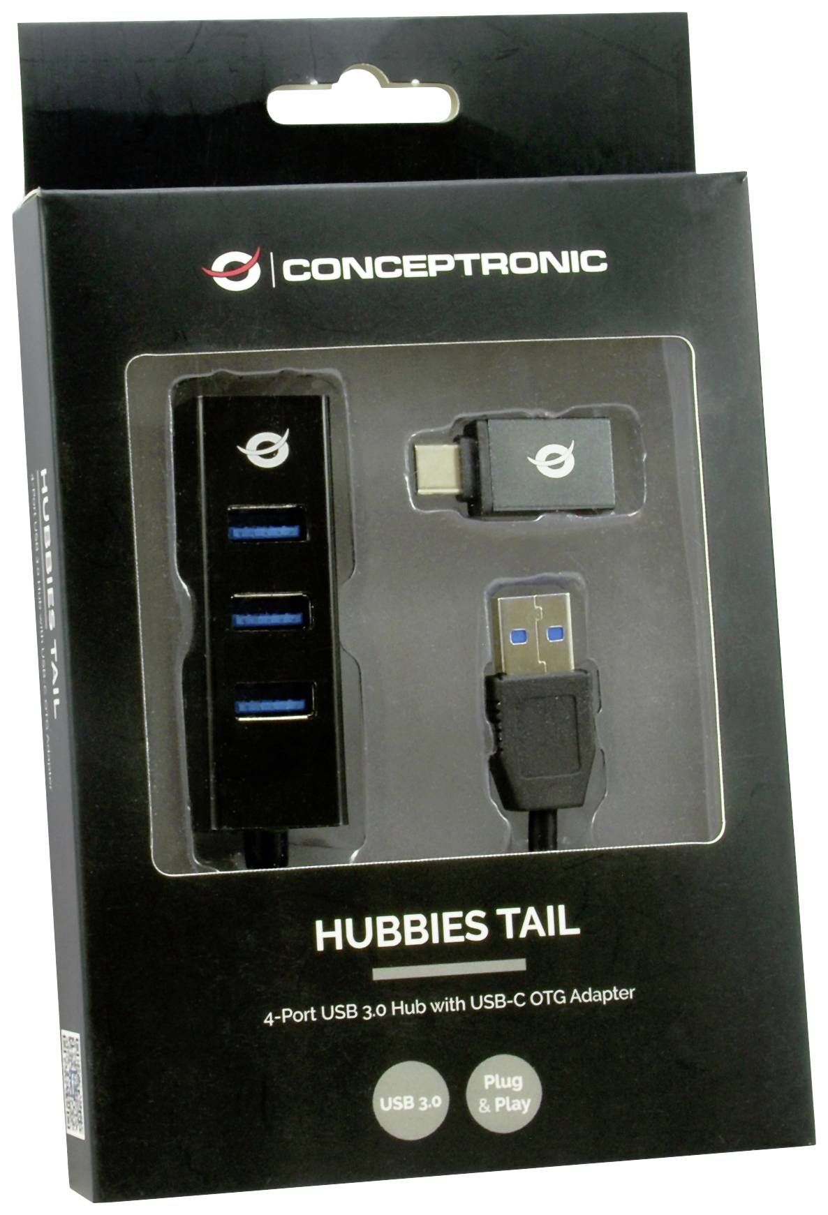 Eine Verpackung mit einem '4-Port USB 3.0 Hub mit USB-C OTG Adapter', markiert mit 'CONCEPTRONIC'. Enthält Abbildungen des Hubs und Adapters.