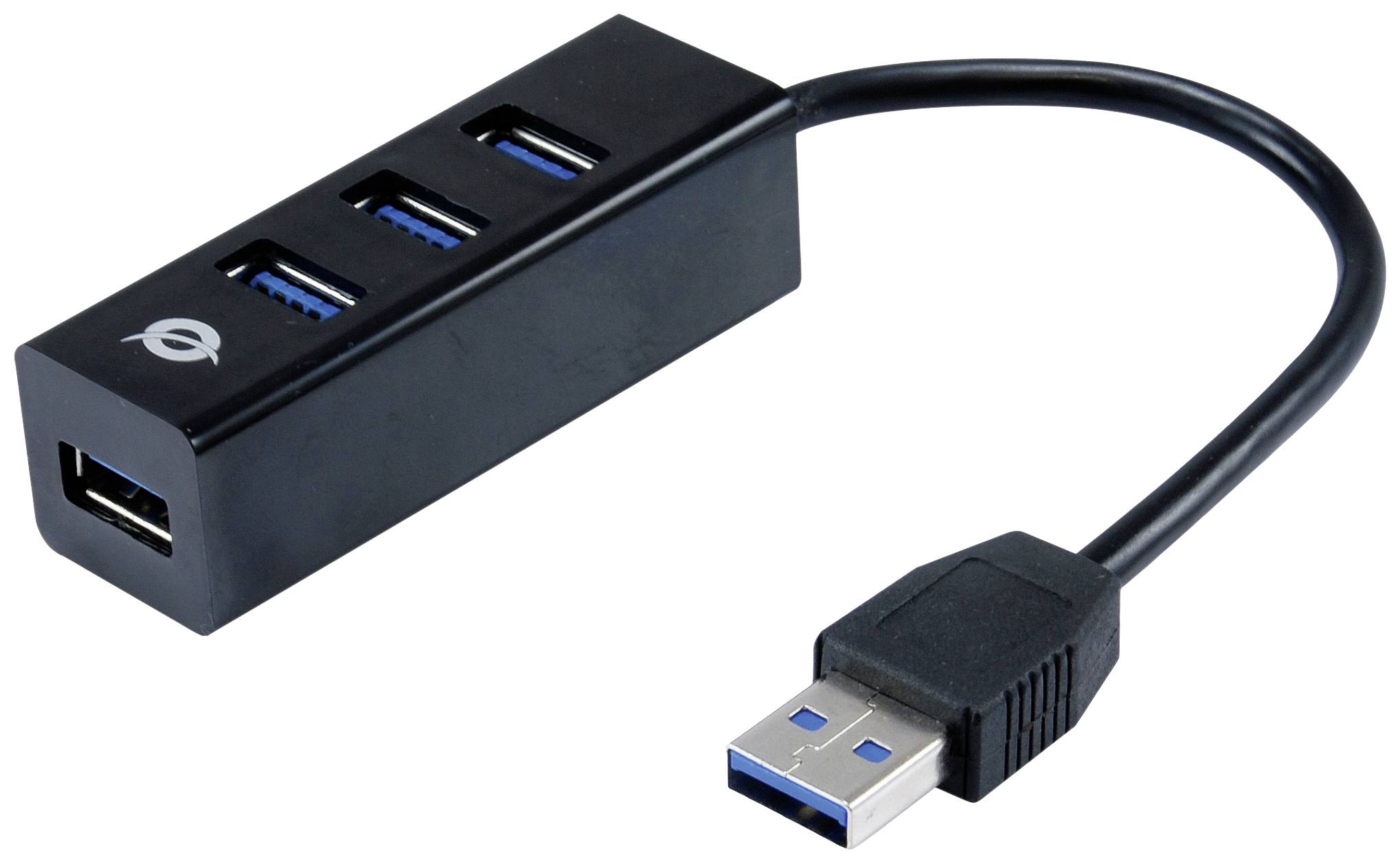 Ein schwarzer USB-Hub mit drei USB 3.0-Anschlüssen und einem kurzen Kabel.