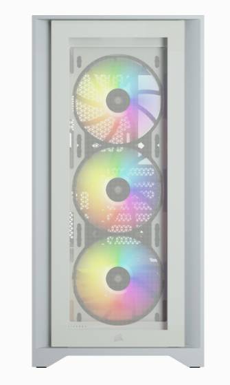 Ein weißes PC-Gehäuse mit drei vertikal angeordneten, beleuchteten Lüftern in Regenbogenfarben hinter einer Glastür.