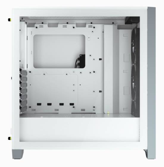 Weißes Computergehäuse mit transparentem Seitenfenster, zeigt interne Halterungen für Komponenten, geeignet für PC-Bau.