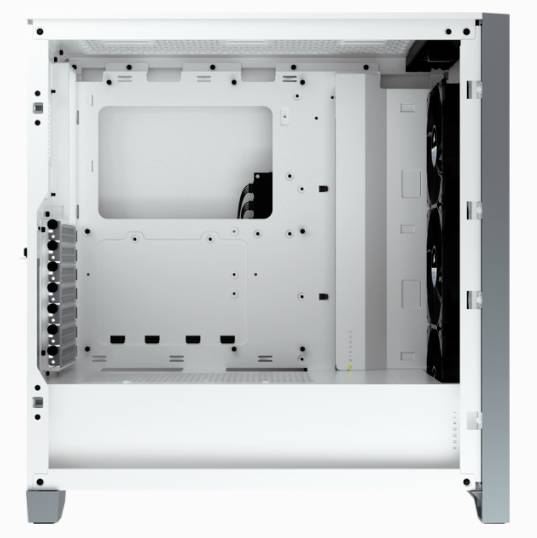 Leeres Computergehäuse mit seitlicher Glasplatte, zeigt Platz für Hauptplatine, Lüfter und Erweiterungsslots. Ideal für PC-Bau.